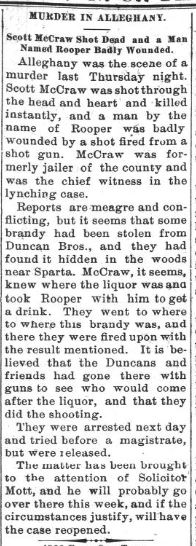 Murder in Alleghany — brandy stolen from Duncan Bros.