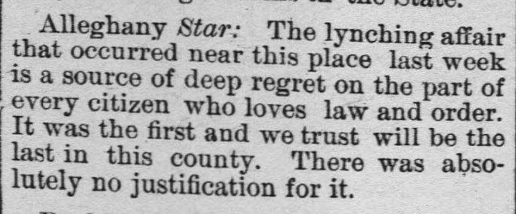 Alleghany Star &mdash; deep regret over the lynching