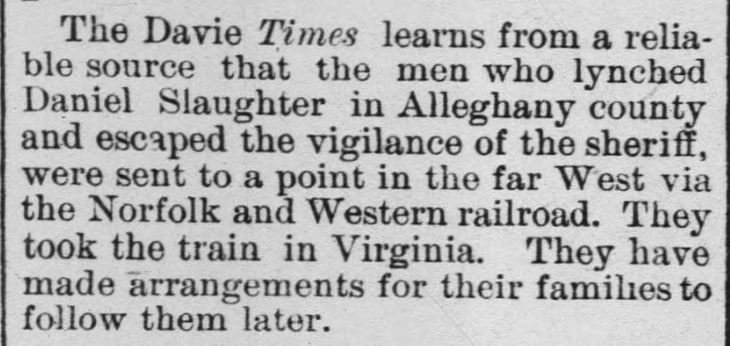 The Davie Times &mdash; lynchers sent to the far West via the Norfolk and Western railroad